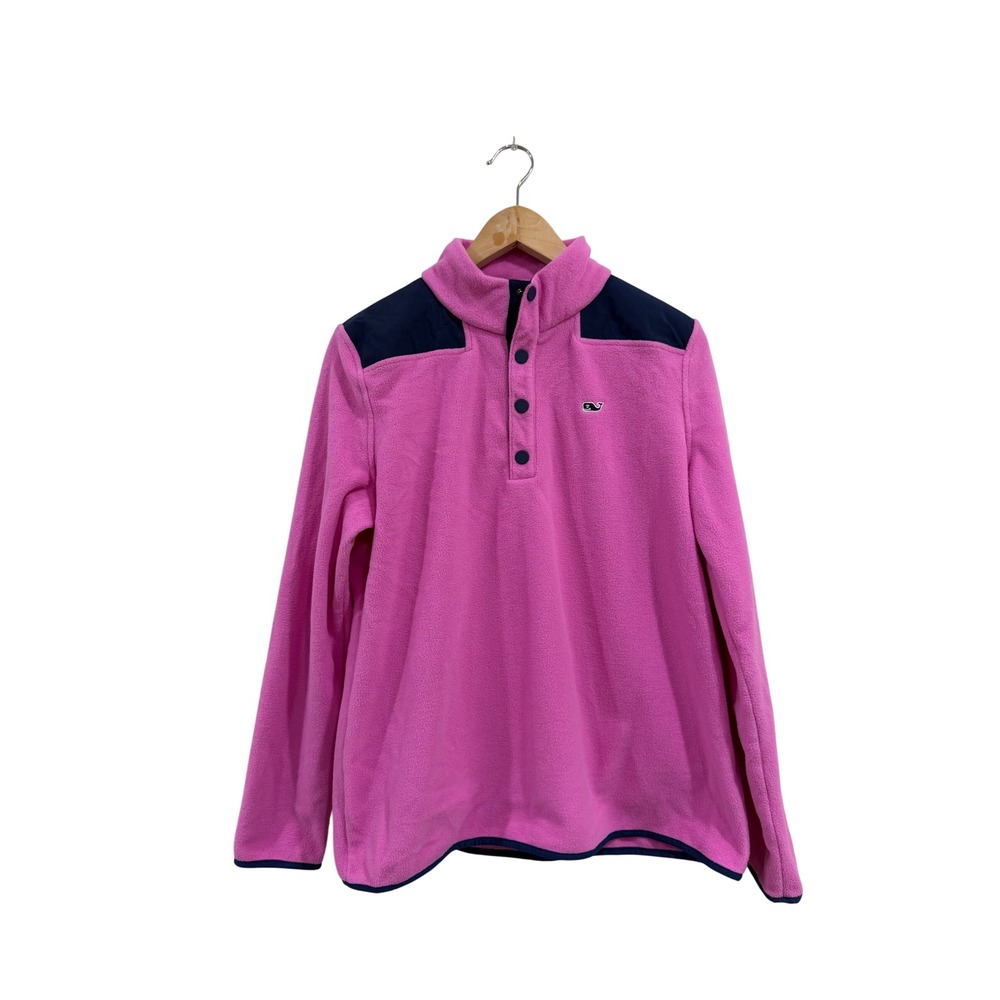Vineyard Vines Women Pink Navy Blue Fleece Quarter Snap Pullover Large